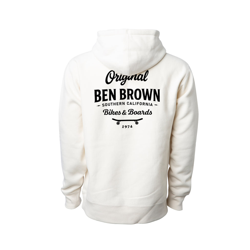 Original Old School Bone Hoodie back view with Ben Brown Southern California Bikes & Boards 1974 logo.