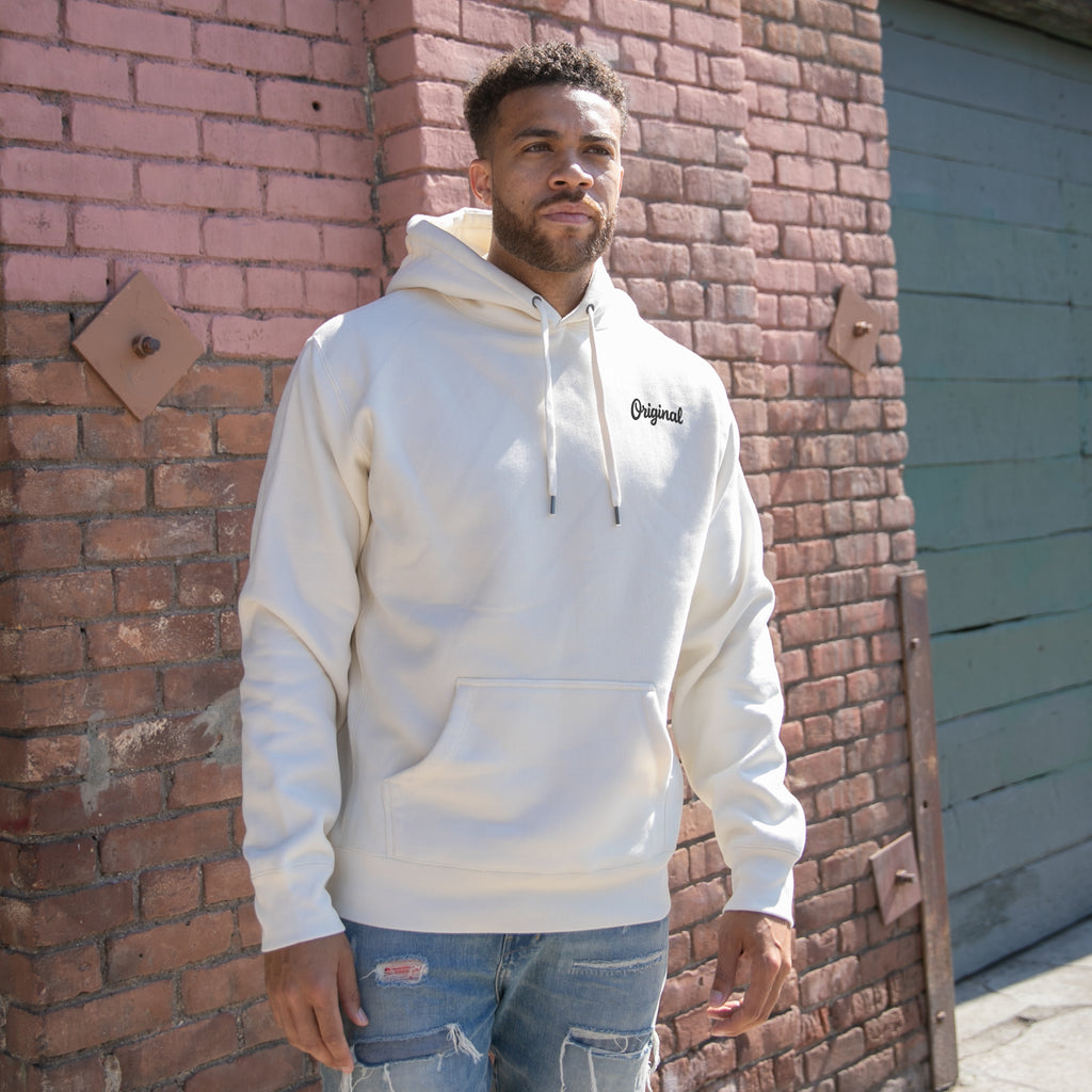 Model wearing Original Old School Bone Hoodie front view with Original chest wordmark.