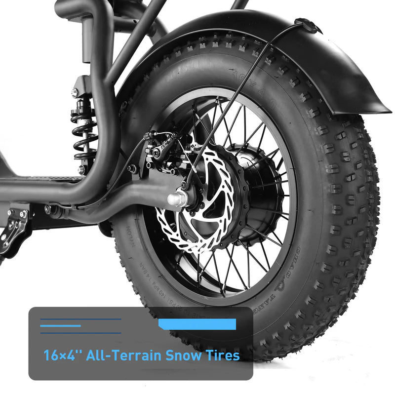 Close up of Hiboy U2 Pro 16×4 all-terrain fat tire and rear wheel assembly
