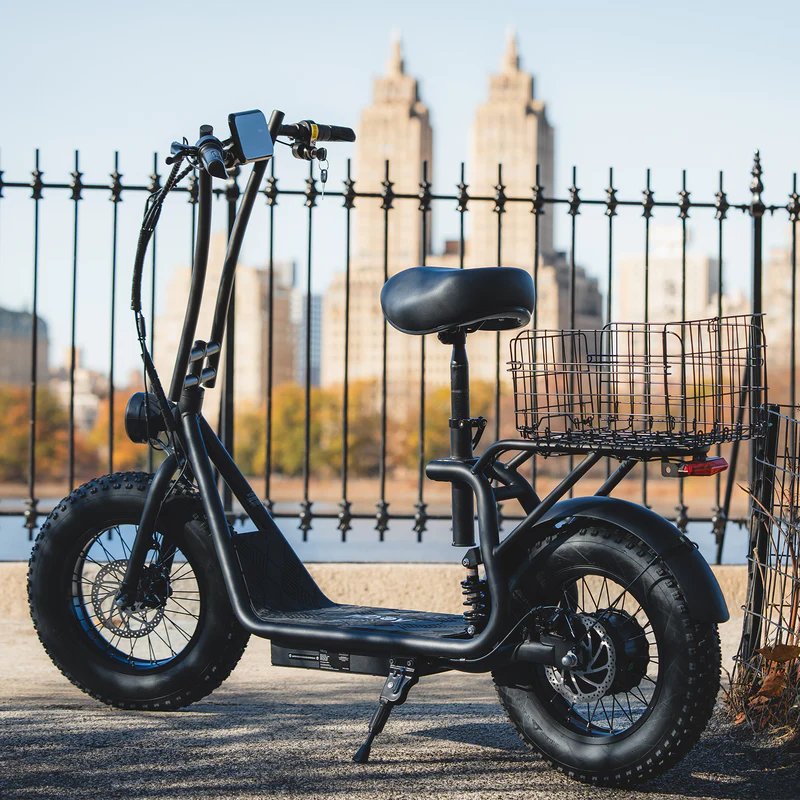 Hiboy U2 Pro electric scooter with seat and rear basket parked by a city railing
