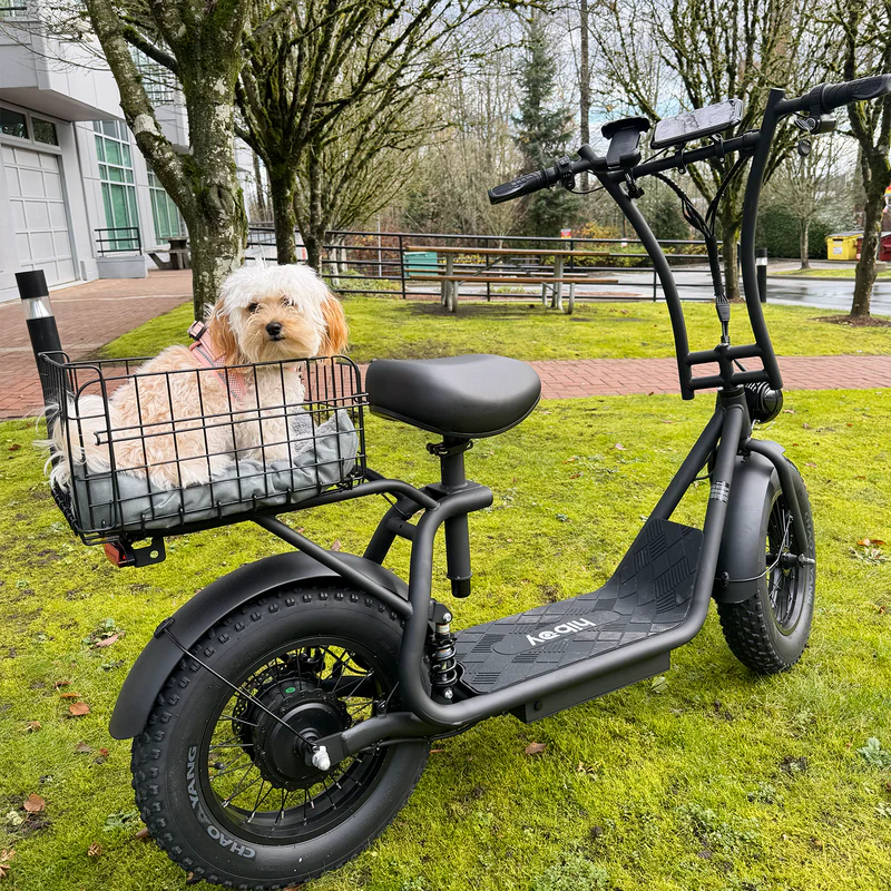 Hiboy U2 Pro electric scooter with a dog riding in the rear basket on grass
