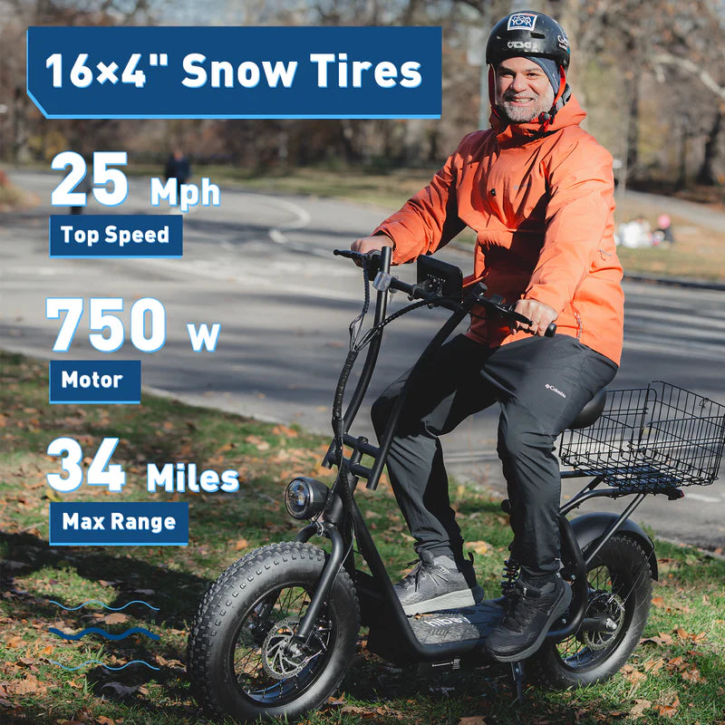 Rider using Hiboy U2 Pro electric scooter with 16x4 inch snow tires, 25 mph top speed, 750 watt motor, and 34 mile range