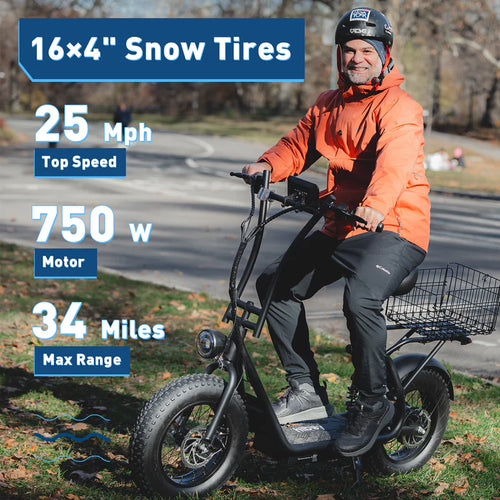 Rider using Hiboy U2 Pro electric scooter with 16x4 inch snow tires, 25 mph top speed, 750 watt motor, and 34 mile range