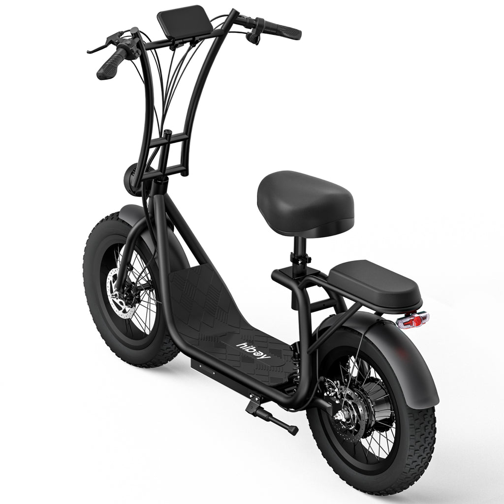 Rear three quarter view of Hiboy U2 Pro electric scooter showing fat tires, seat, and rear fender