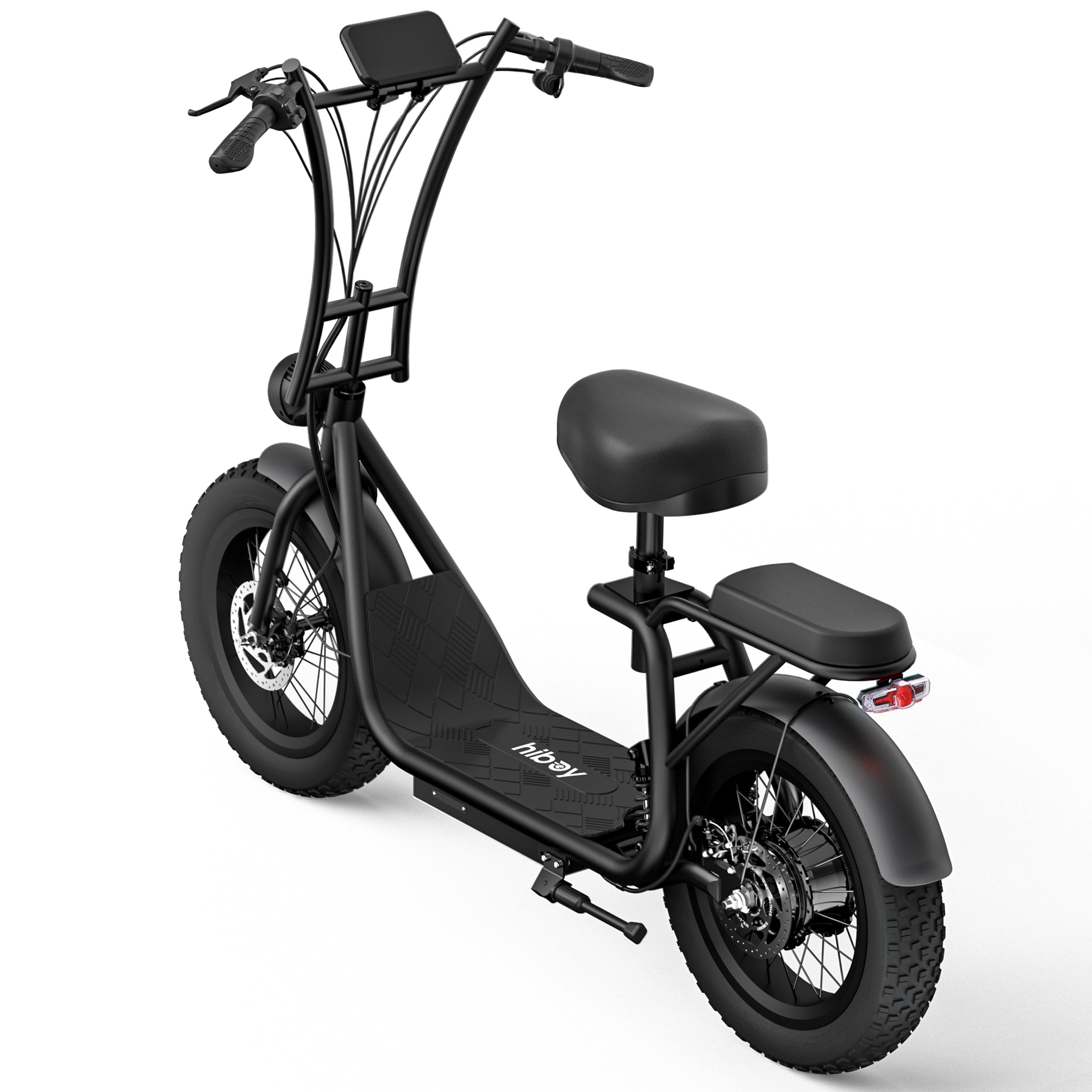 Rear three quarter view of Hiboy U2 Pro electric scooter showing fat tires, seat, and rear fender
