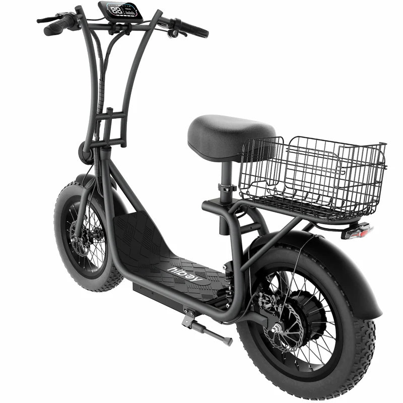 Hiboy U2 Pro electric scooter rear 3 4 view on white background showing seat and cargo basket
