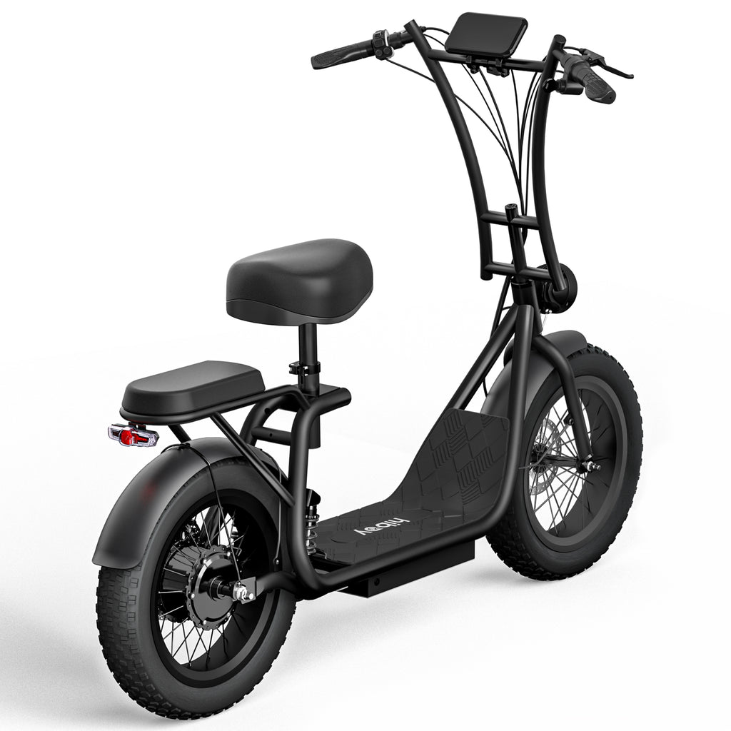 Hiboy U2 Pro electric scooter three quarter view showing seat, wide deck, and fat tires