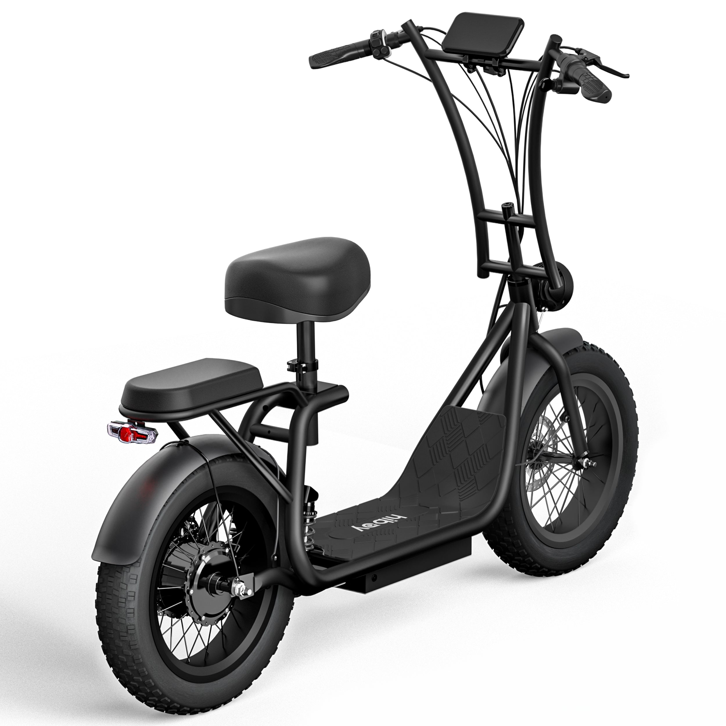 Hiboy U2 Pro electric scooter three quarter view showing seat, wide deck, and fat tires