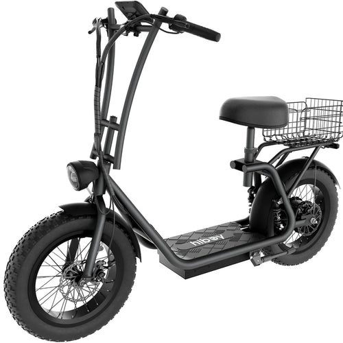 Hiboy U2 Pro electric scooter with rear basket and fat tires side angle on white background
